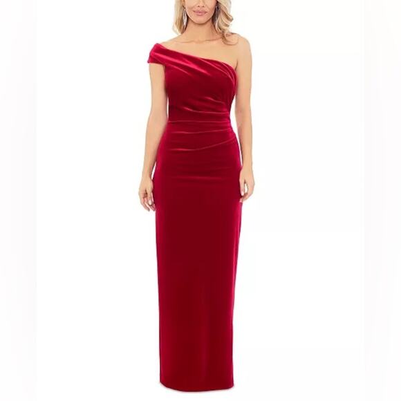 XSCAPE Women's One-Shoulder Ruched Velvet Gown Red Dress $229 Size 14 NWT - Picture 1 of 10